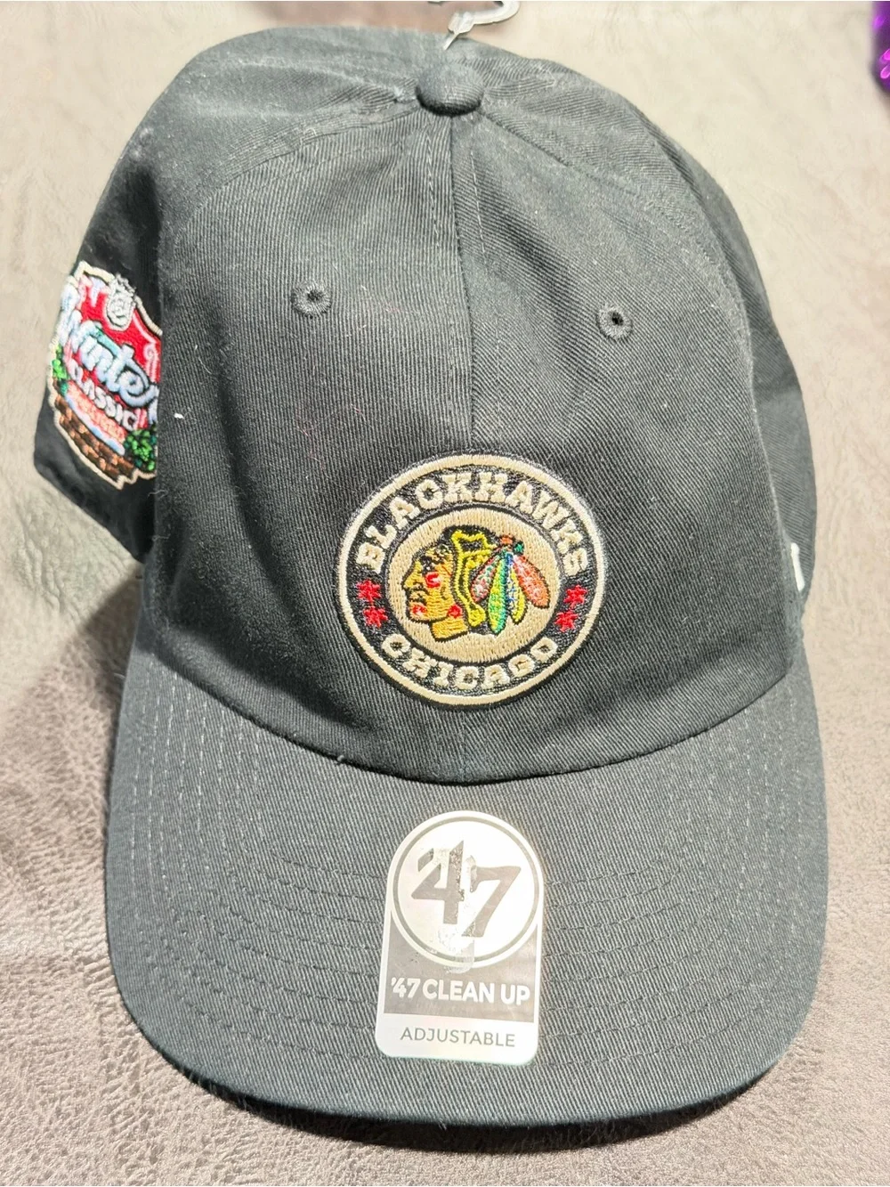 47 Chicago Blackhawks Black Logo Adjustable Cap Winter classic edition.